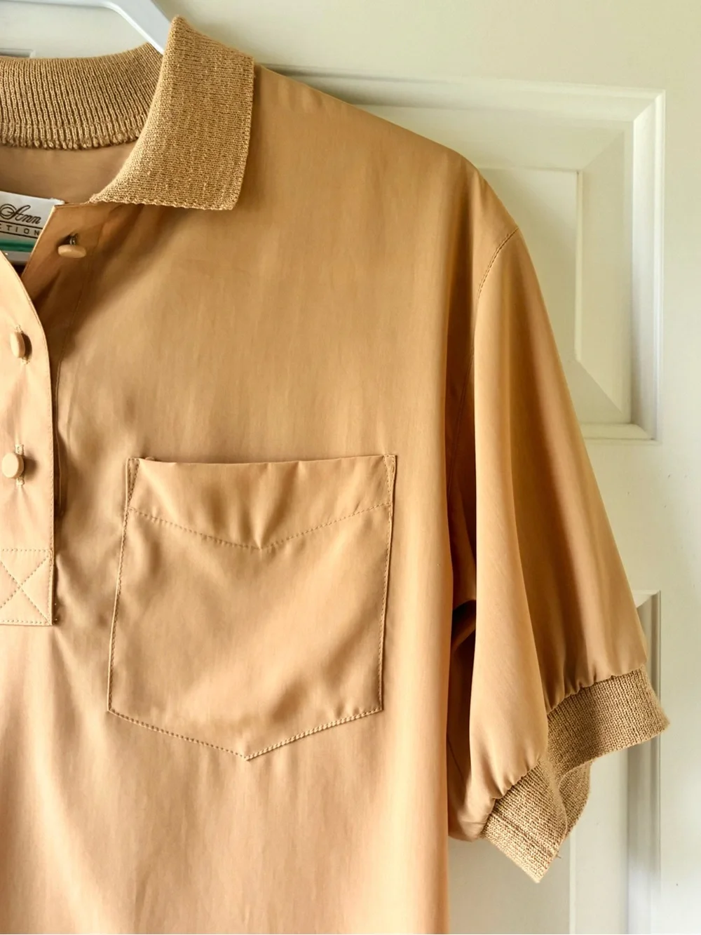 Vintage 80s Lilli Ann Collections Knit Collar Polo Blouse Top Tan Camel Size M